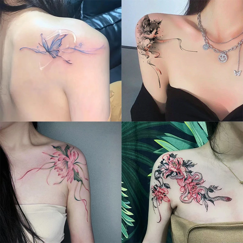 甜酷纯欲中式国风彩色纹身贴纸女防水汗女士高级感性感莲花肩部