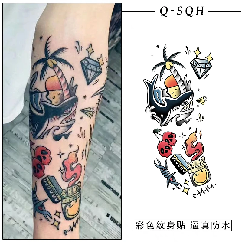 夏日oldschool拼接花臂彩色纹身贴霸气潮酷持久防水男女可洗贴纸