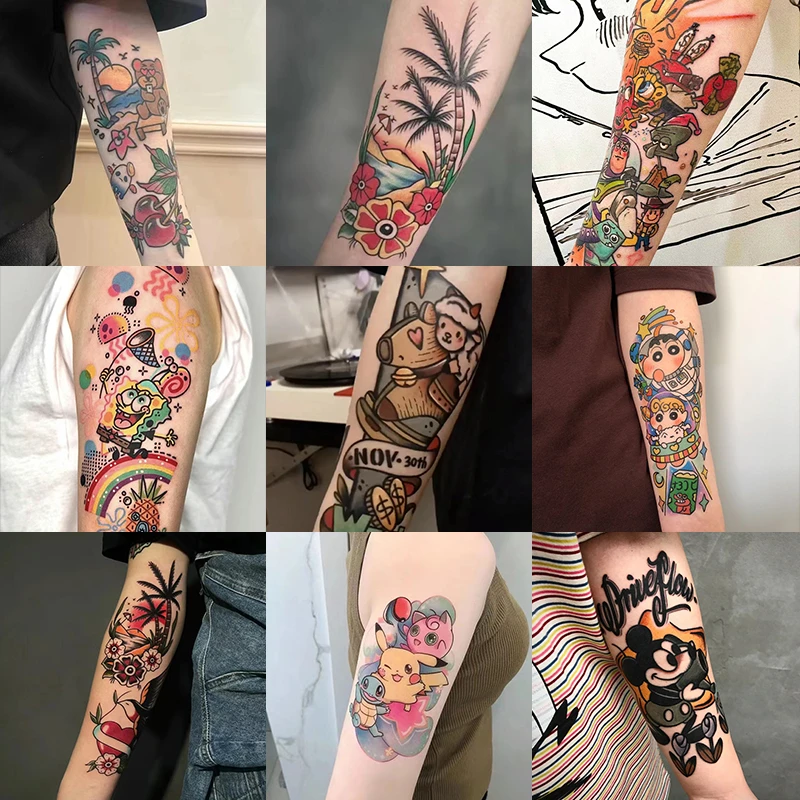 欧美oldschool卡通花臂彩色可爱文身软妹性感贴纸ins风防水纹身贴