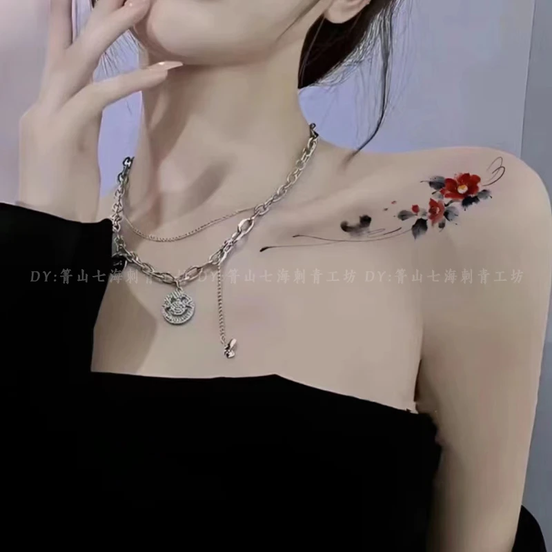 Q-SQH 一路遐想 山茶花可爱小猫咪性感锁骨胸口防水女持久纹身贴