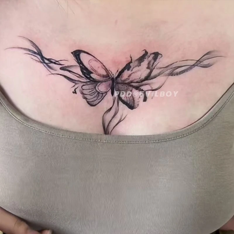 高颜值暗黑蝴蝶草本纹身贴半永久ins性感辣妹胸前唯美防搓持久潮