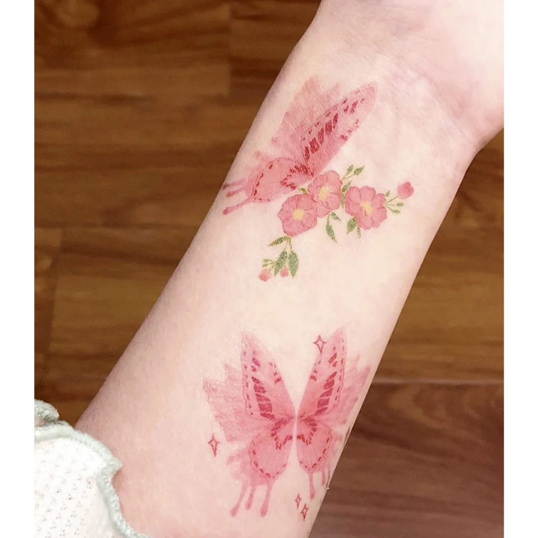 蝶影粉色少女心彩色纹身贴辣妹 甜酷手腕 锁骨防水持久逼真不掉色