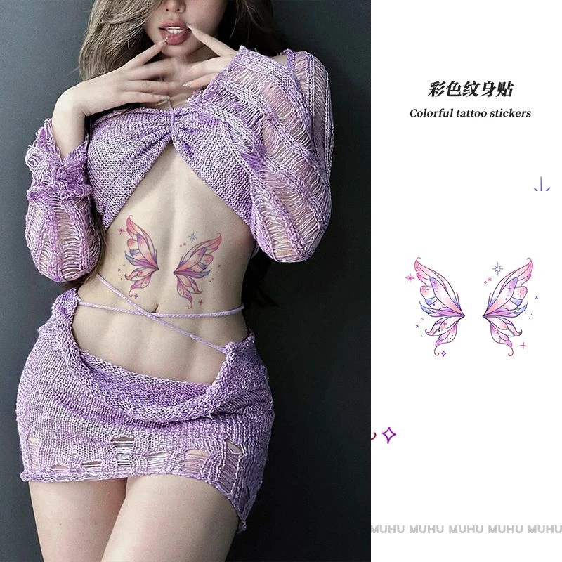 绕落蝶回 纯欲风紫色小众ins风唯美可水洗蝴蝶彩色纹身贴辣妹甜酷