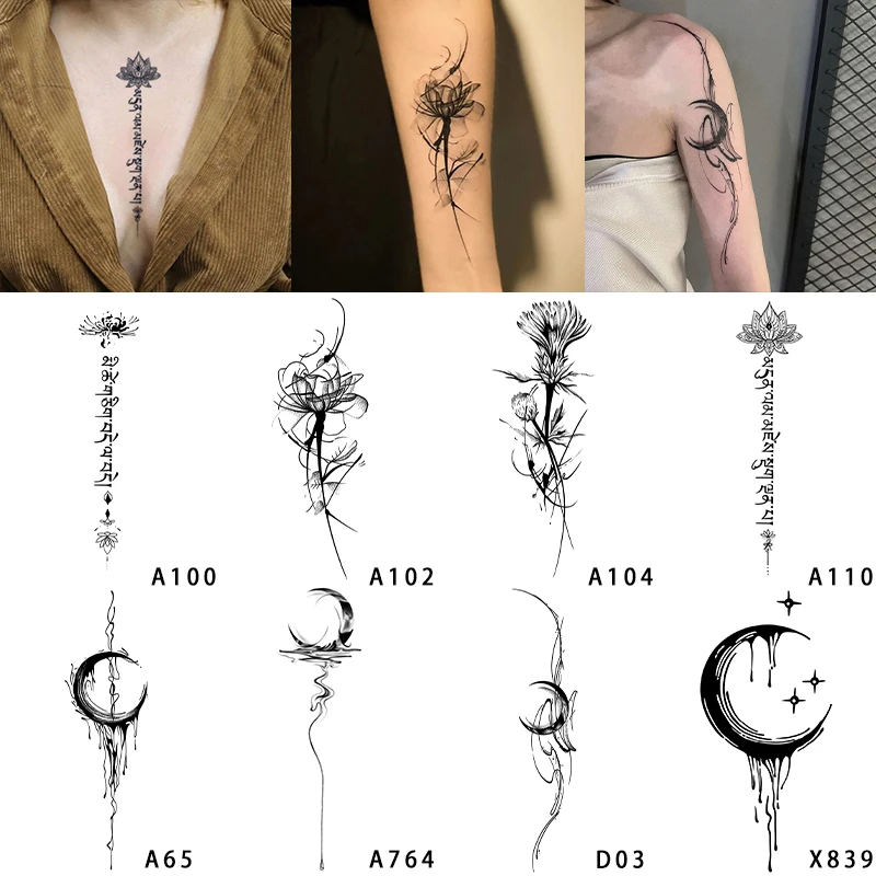 新款高颜值女款梵语花朵月亮草本纹身贴防水持久手臂胸前逼真刺青