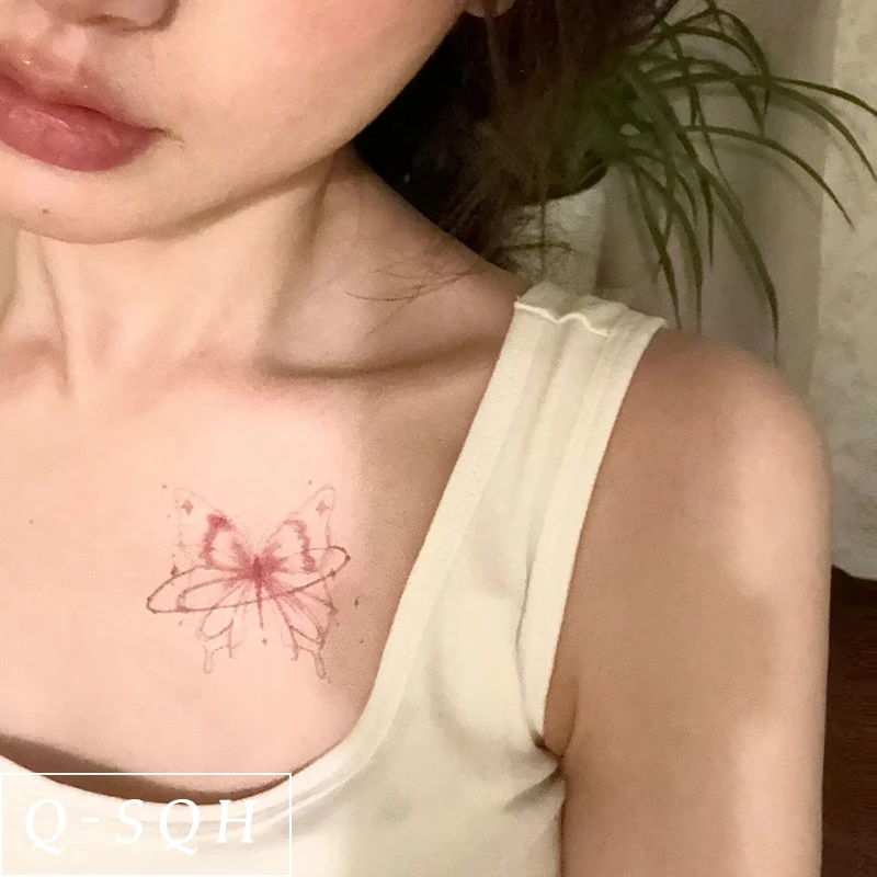 星系粉色蝴蝶彩色纹身贴防水女持久高级感手臂可爱贴纸锁骨彩绘