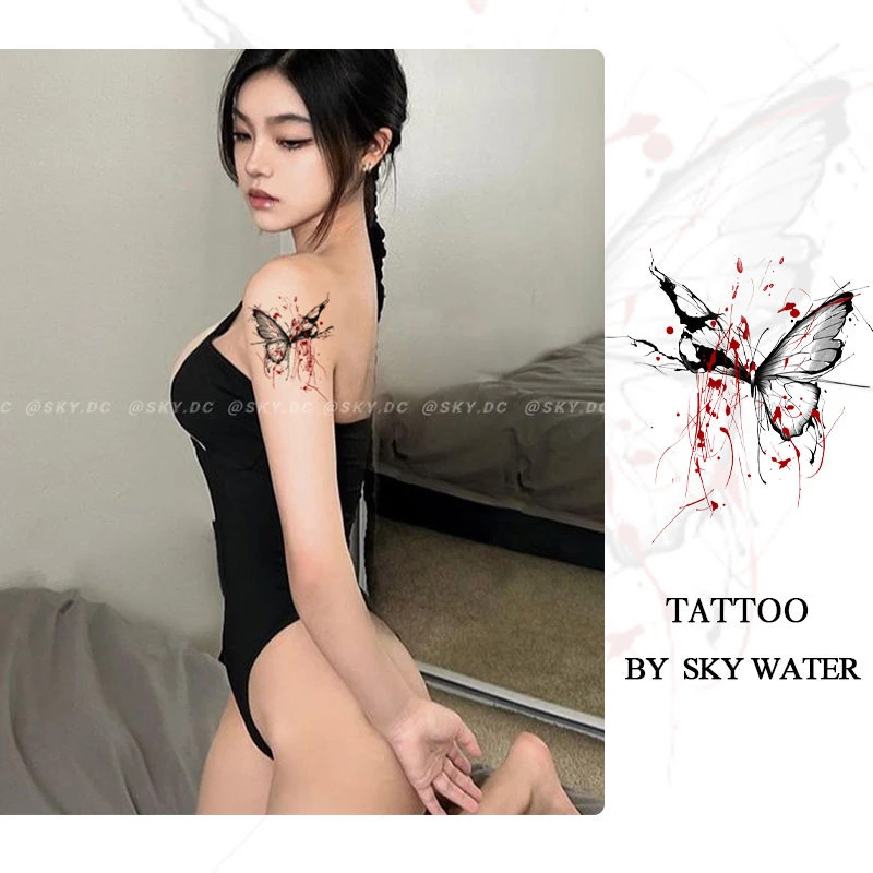 泼墨蝶彩色纹身贴 ins性感辣妹网红同款可水洗持久逼真腰腹手臂