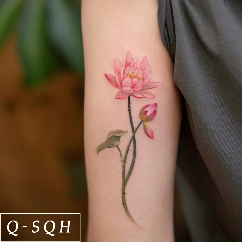 Q-SQH 小荷花 彩色纹身贴半永久小众女高级感防水仿真微反光素花