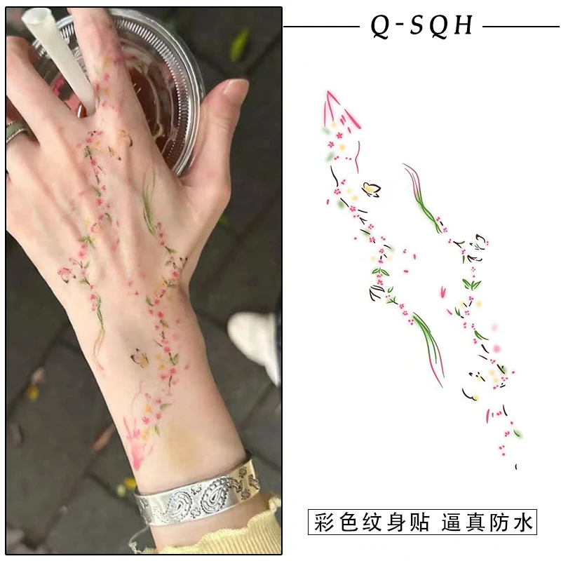 高颜值纯欲风樱花蝴蝶彩色纹身贴防水持久女款手掌唯美逼真可水洗