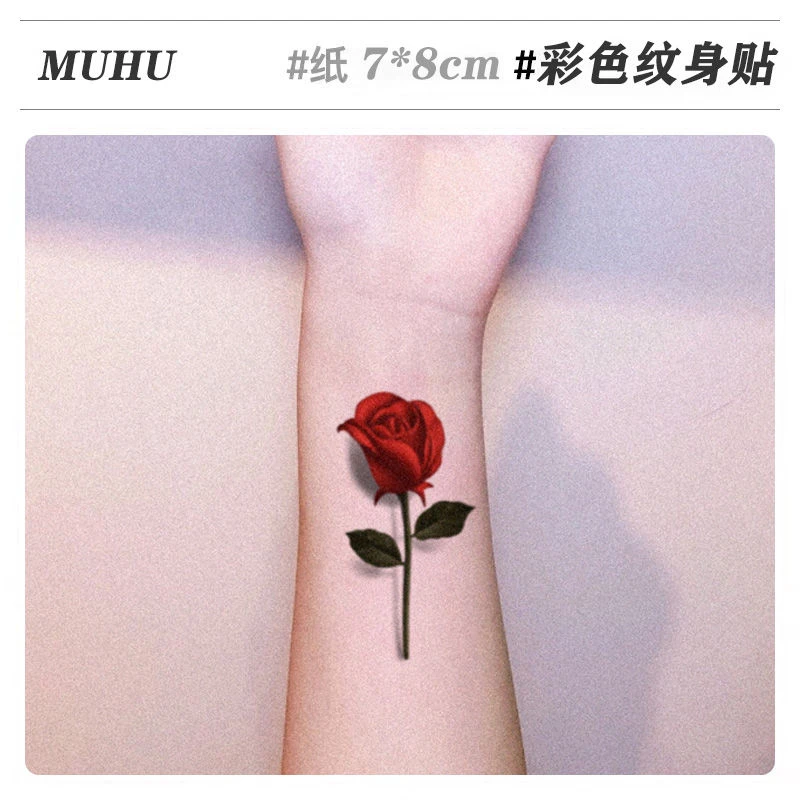 新3d立体红蓝玫瑰纹身贴防水女持久逼真性感锁骨胸部花朵遮疤贴纸