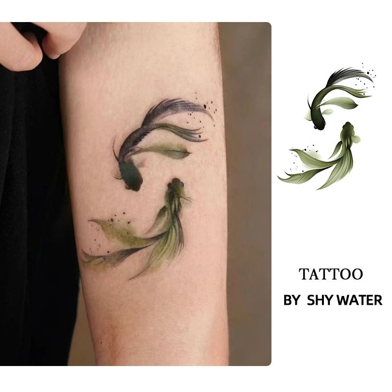 山水锦鲤彩色纹身贴古风高颜值防水持久手臂腰部唯美性感辣妹少女