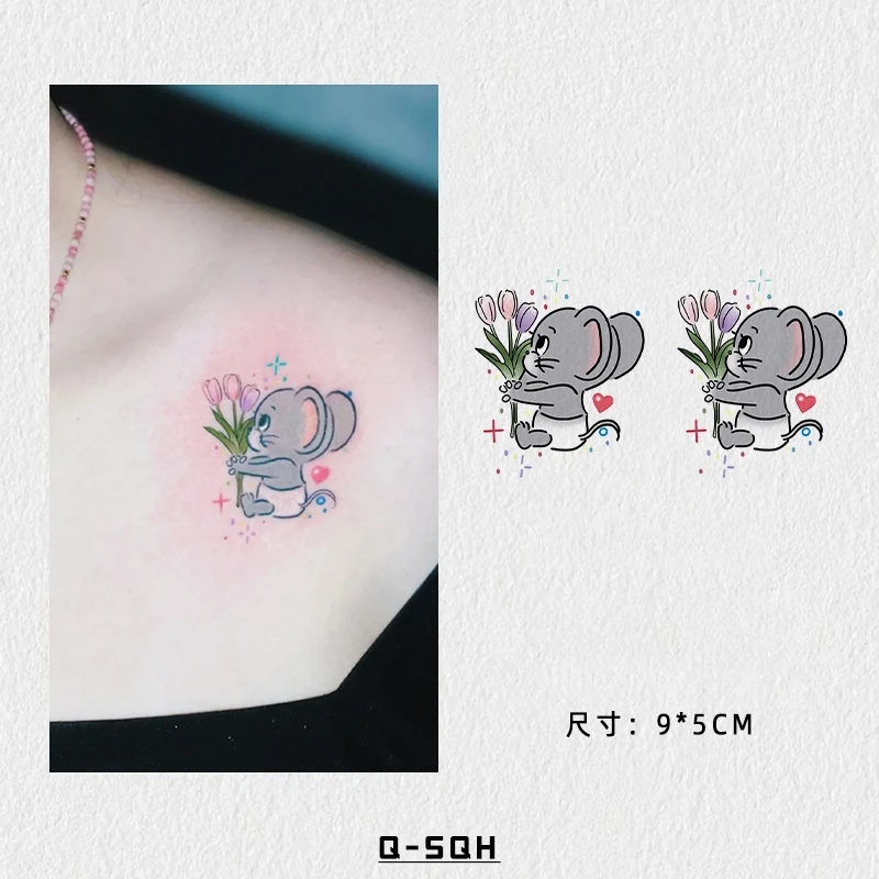 Q-SQH 献花小鼠 卡通可爱小清新彩色纹身贴脚踝锁骨防水持久仿真