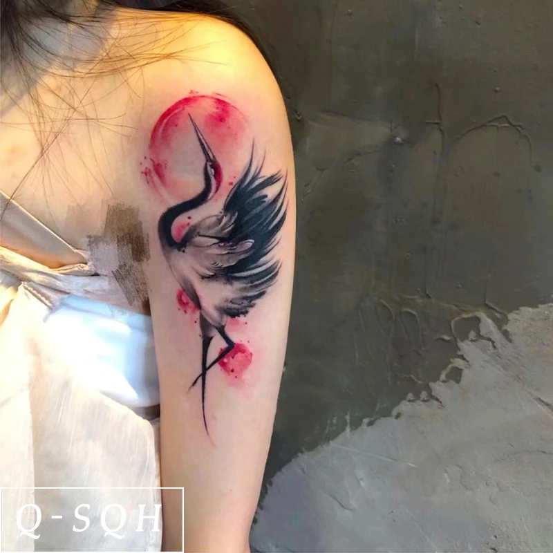 Q-SQH 仙鹤彩色纹身贴防水女持久高级感花臂彩绘贴纸水墨风手臂