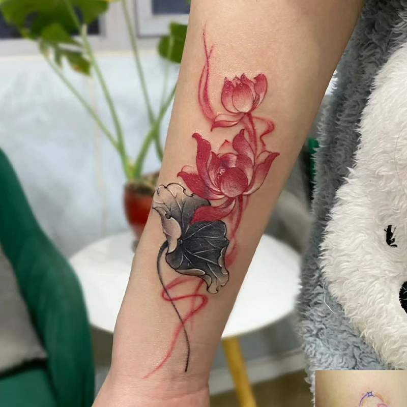 新款高颜值莲花彩色纹身贴纸防水持久男女款手臂遮疤中国风可水洗