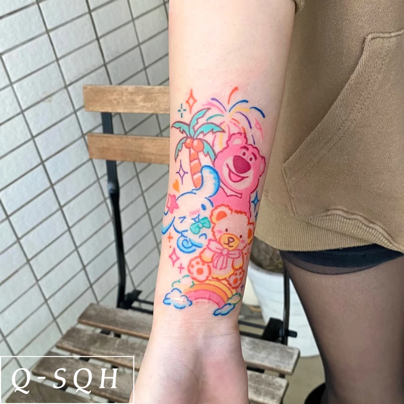 可爱卡通草莓熊 玉桂狗 小熊彩色纹身贴防水持久花臂少女大腿性感