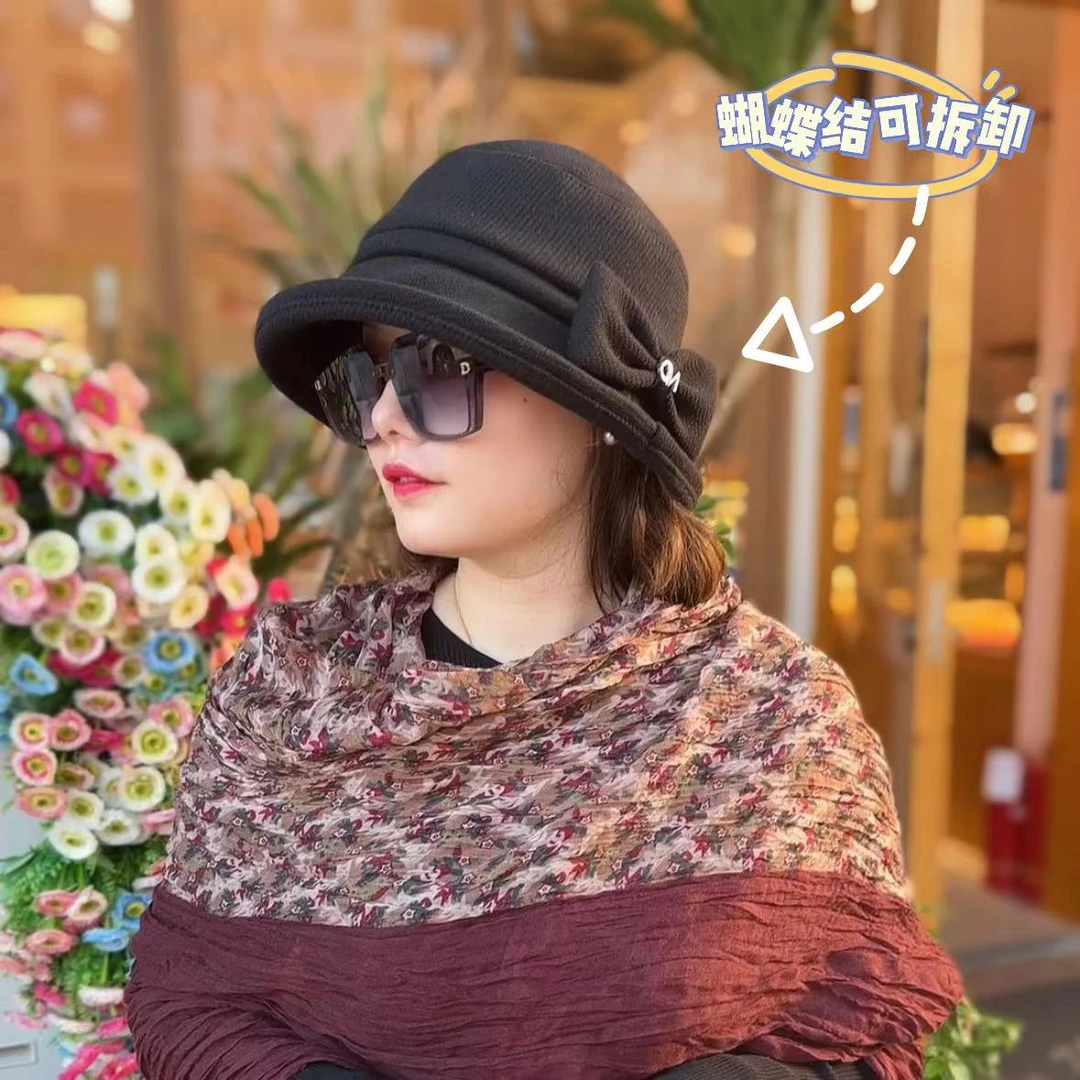 新款秋冬渔夫帽子女盆帽显脸小休闲蝴蝶结礼帽加厚保暖渔夫帽