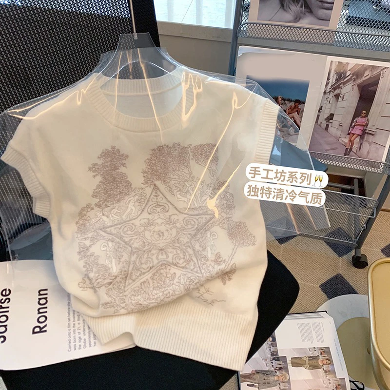夏季法式刺绣无袖上衣别致冰丝针织衫重工设计感小众女装T恤