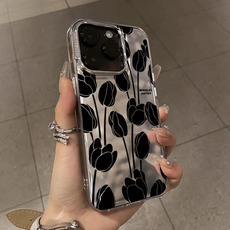 黑色花朵iphone苹果15promax手机壳14高级感13网红12褶皱xs水波纹