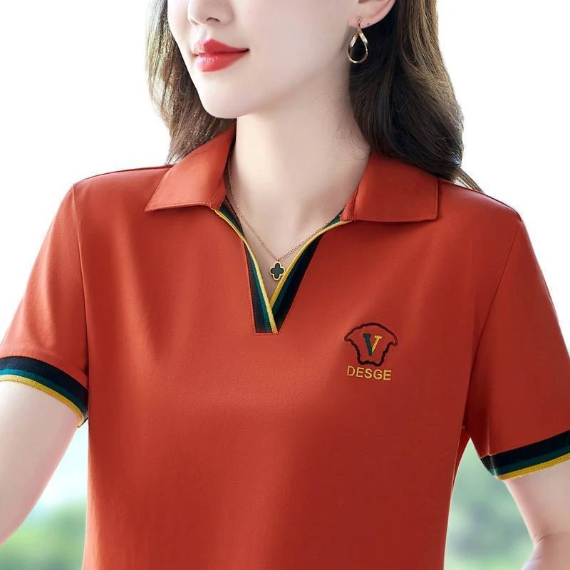 妈妈棉短袖t恤女士翻领2024年新款夏季中年有领polo衫带领上衣