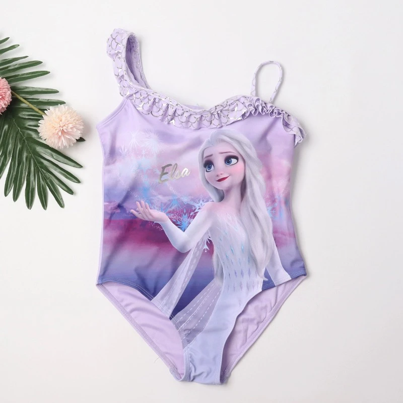 【外贸儿童泳衣】泳衣连体紫色爱莎可爱斜肩袖公主风女童泳衣