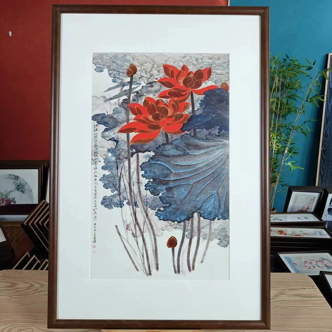 【z027】60*90金线红荷纯实木框客厅餐厅家居装饰画