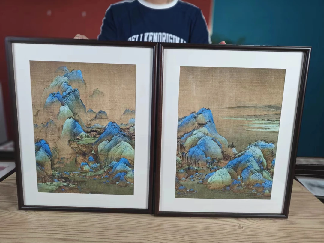 【z022+z023】40*50青绿山水图纯实木框客厅餐厅卧室挂画家居装饰