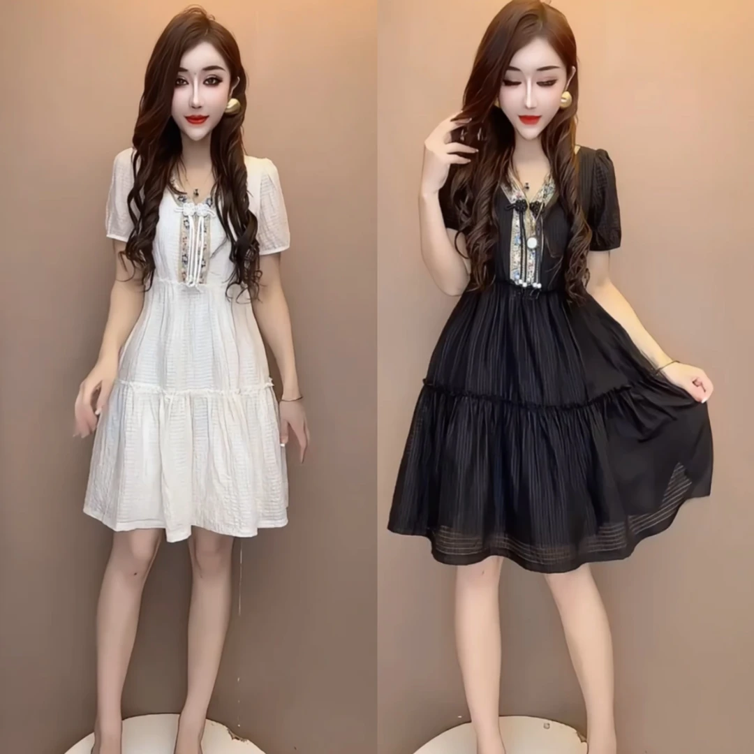2024夏季新款时尚中国风纽扣收腰连衣裙韩版显瘦大码韩版打底裙
