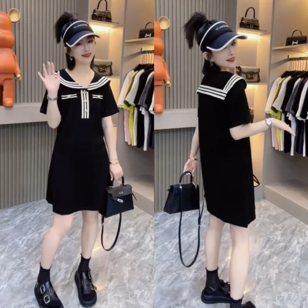 2025夏装海军领翻领宽松夏季减龄拼接中腰洋气海军气质连衣裙短袖