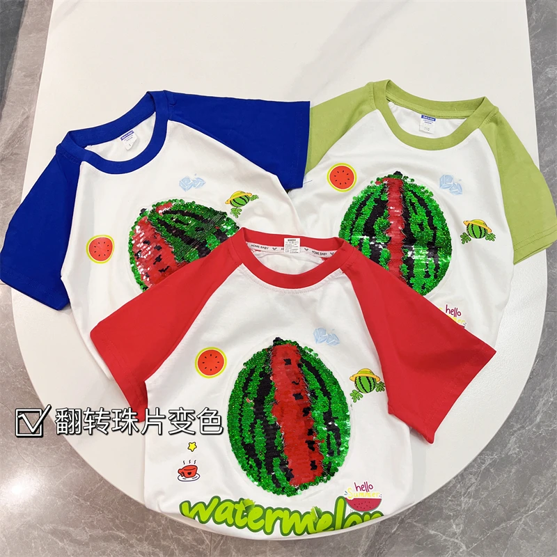 纯棉亮片变色西瓜草莓夏季新款男童女童短袖t恤洋气宽松儿童半袖