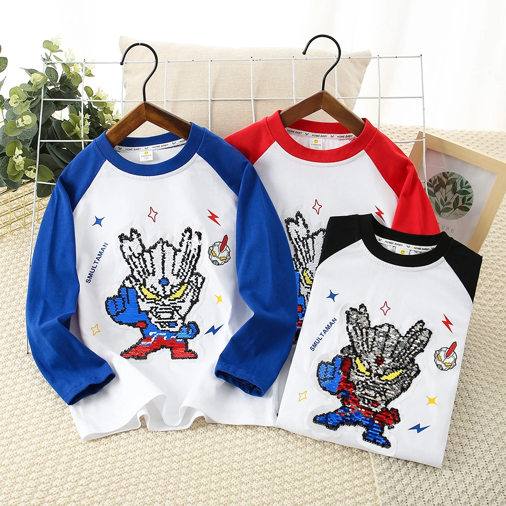 男童纯棉长袖亮片可变色奥特曼T恤变脸儿童中大童秋季打底衫上衣