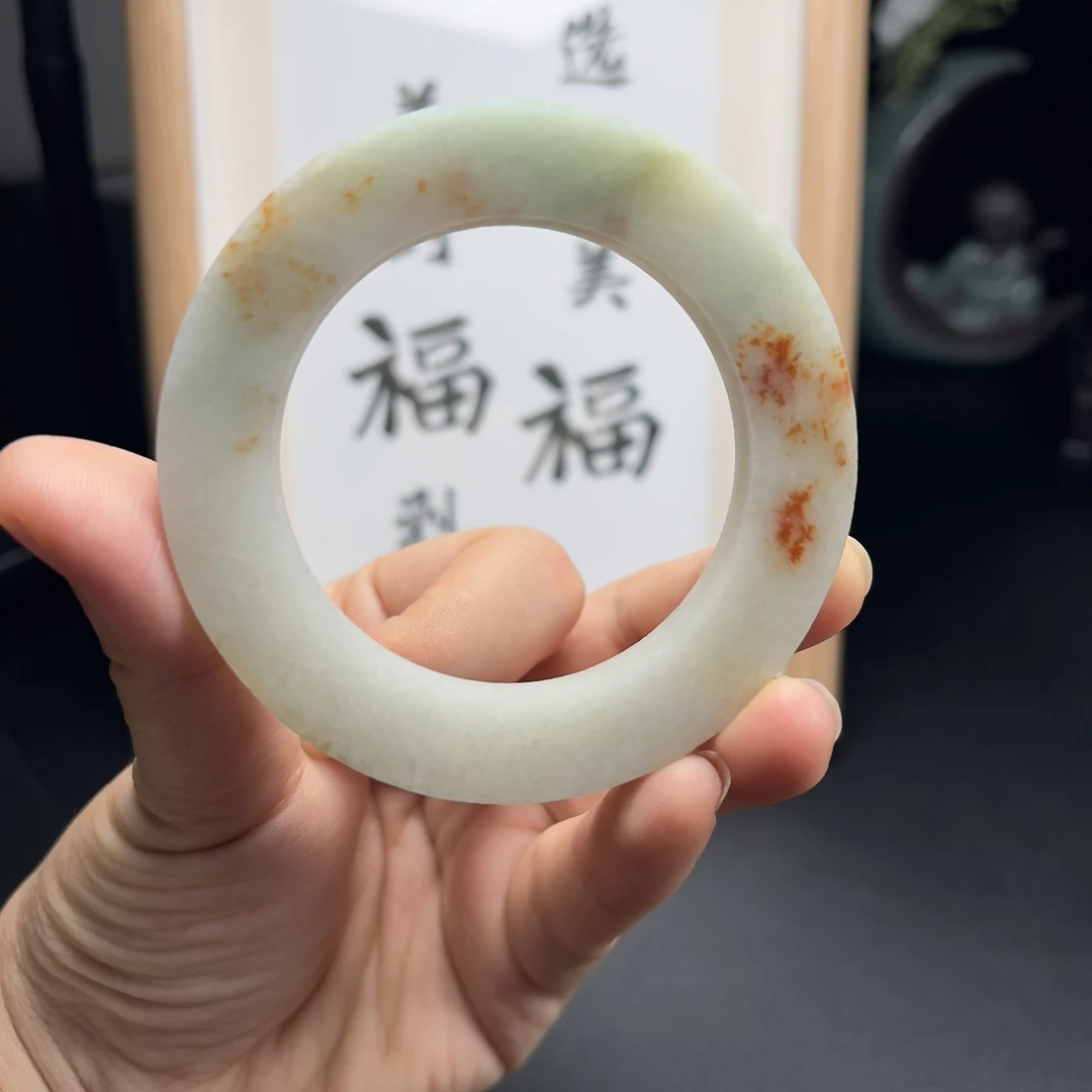 天然翡翠A货糯种黄翡洒金圆条未抛光玉手镯