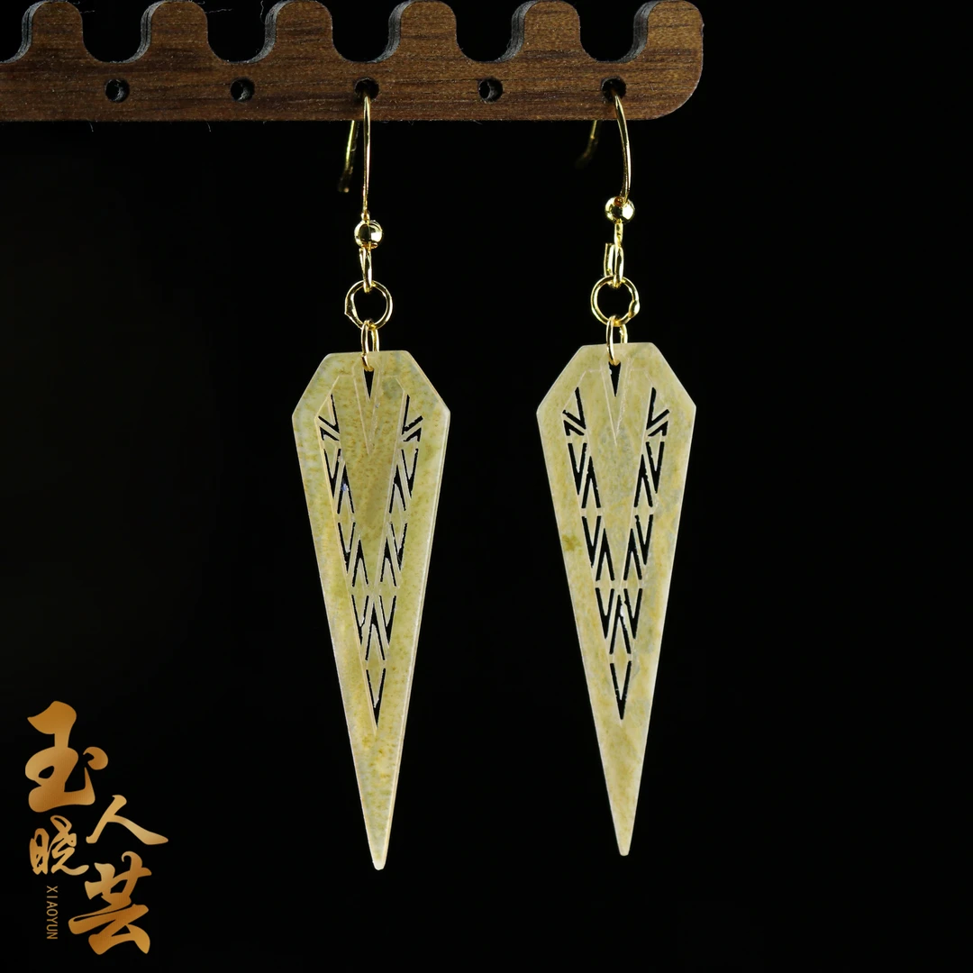 新疆【钻形唐玉耳饰】和田玉倒三角时尚耳坠（多样性发货一件）