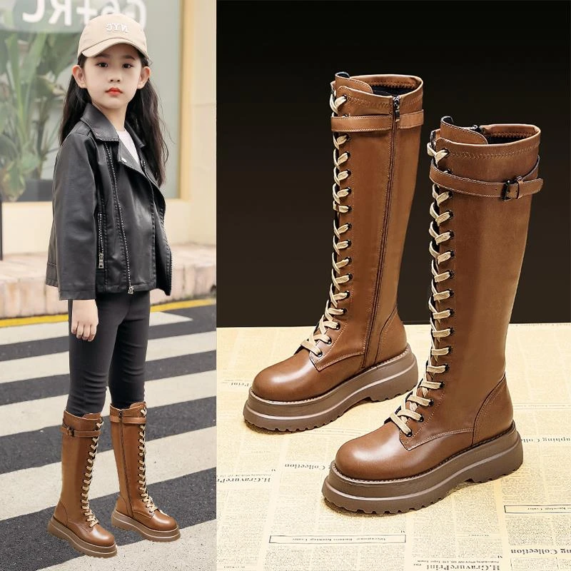 FAVMARTHA女童靴子2023秋冬新款儿童高筒靴女童鞋马丁靴小女孩骑