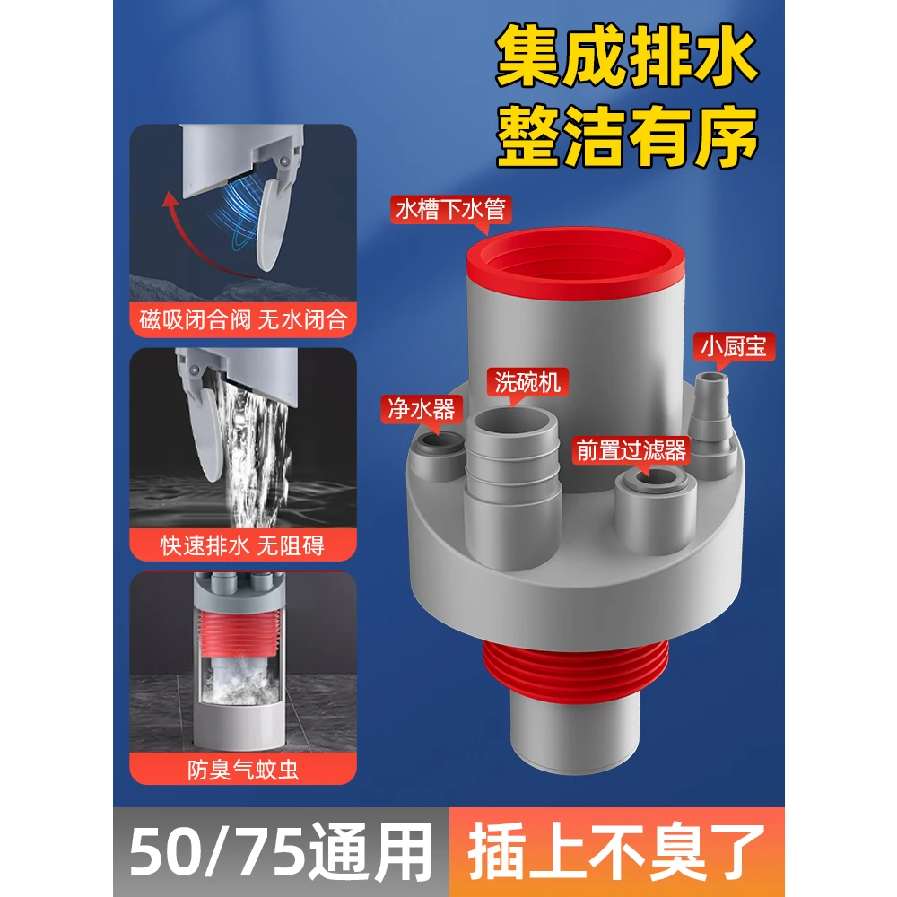 厨房防臭三通神器通用卫生间阳台下水管防臭神器