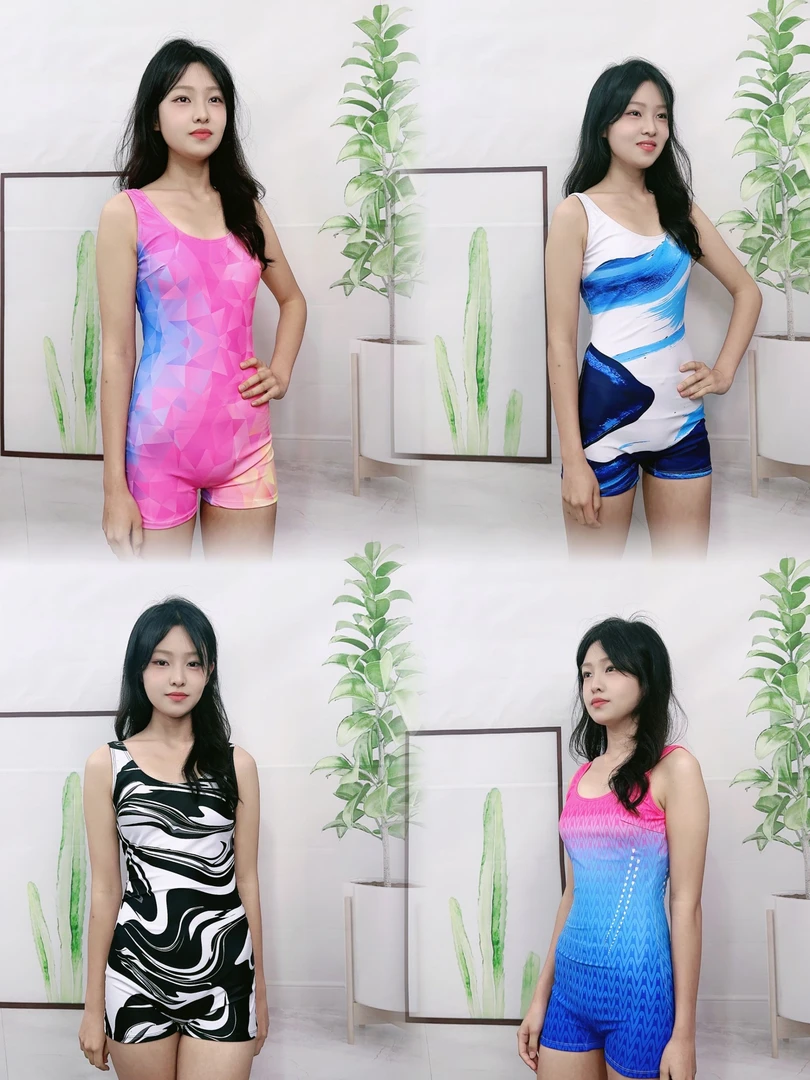 新款连体平角竞速保守大码泳衣夏季女士洋气潜水花色泳装紧身