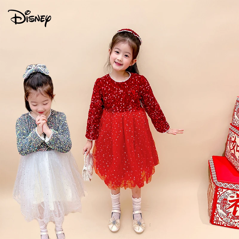 【TZD】Disney/迪士尼儿童秋季亮片洋气时尚网纱连衣裙XFQ4SQ928