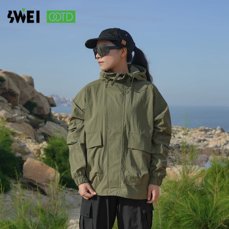 三防纯色户外开衫外套中性高能感秋冬登山情侣款连帽单层旅行衣