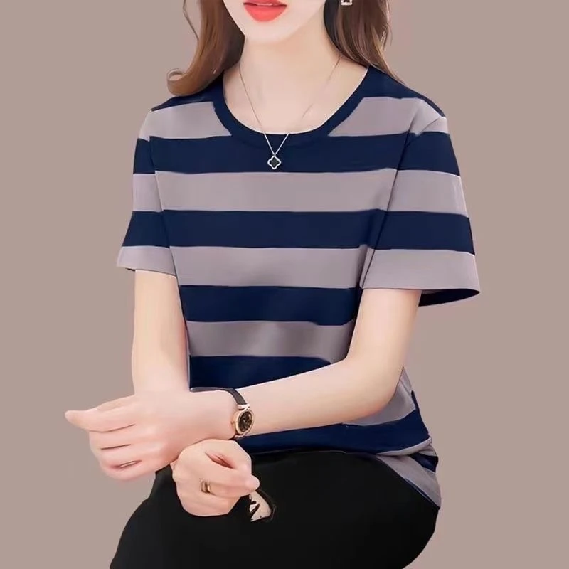 棉质短袖T恤女宽松显瘦上衣2025年夏季新款中年妈妈半袖条纹小衫