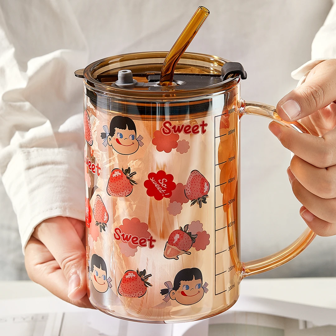 大容量玻璃杯女生吸管杯办公室1000ml水杯带盖子高硼硅咖啡杯子茶