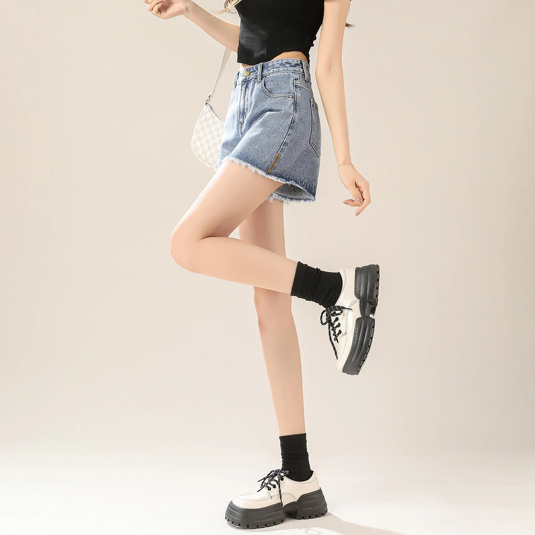 2N141  DB1  唐狮毛边牛仔短裤女高腰显瘦韩系百搭直筒减龄女裤