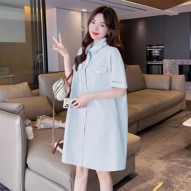 DC217 气质初春连衣裙女2024新款短袖衬衫裙女小个子宽松裙