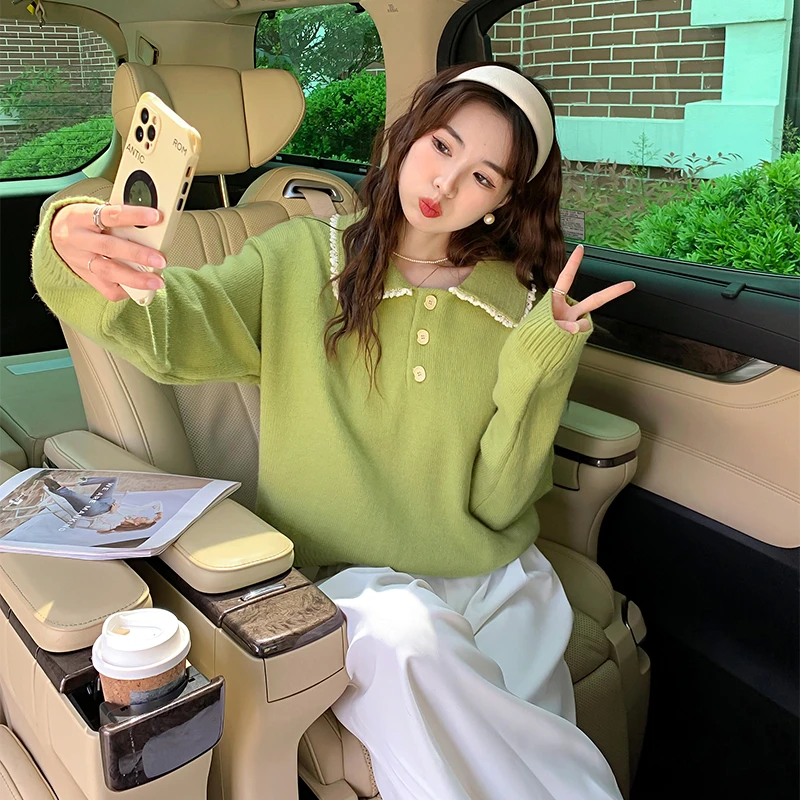 2M596  DB1   唐狮女简约撞色边翻领设计半开襟套头上衣洋气长袖