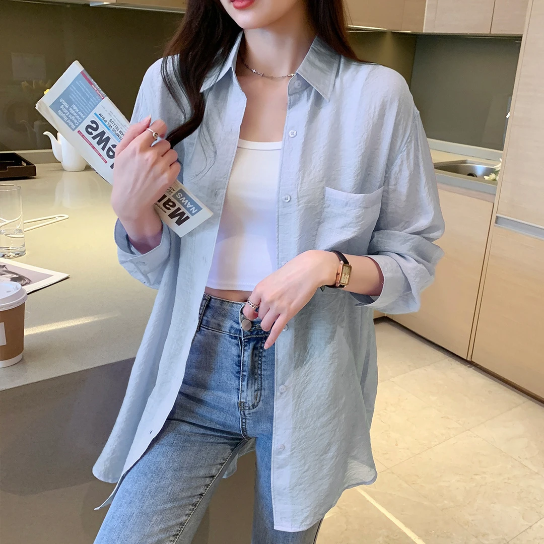 DC209 夏季女翻领净色宽松肌理感长袖衬衫简约百搭气质