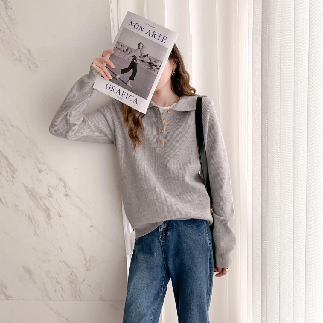 DB735 DB唐狮女polo翻领半开襟套头长袖秋季上衣毛衣显瘦休闲