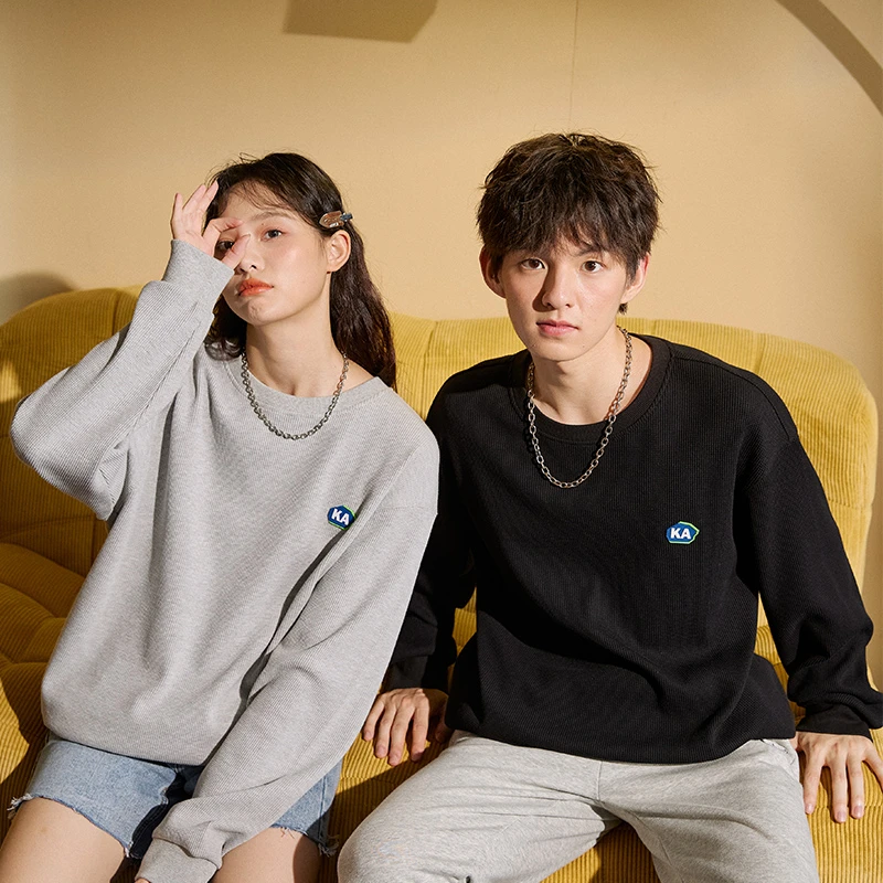 DB814  唐狮秋冬新款情侣卫衣男女假两件圆领宽松情侣装外套潮酷
