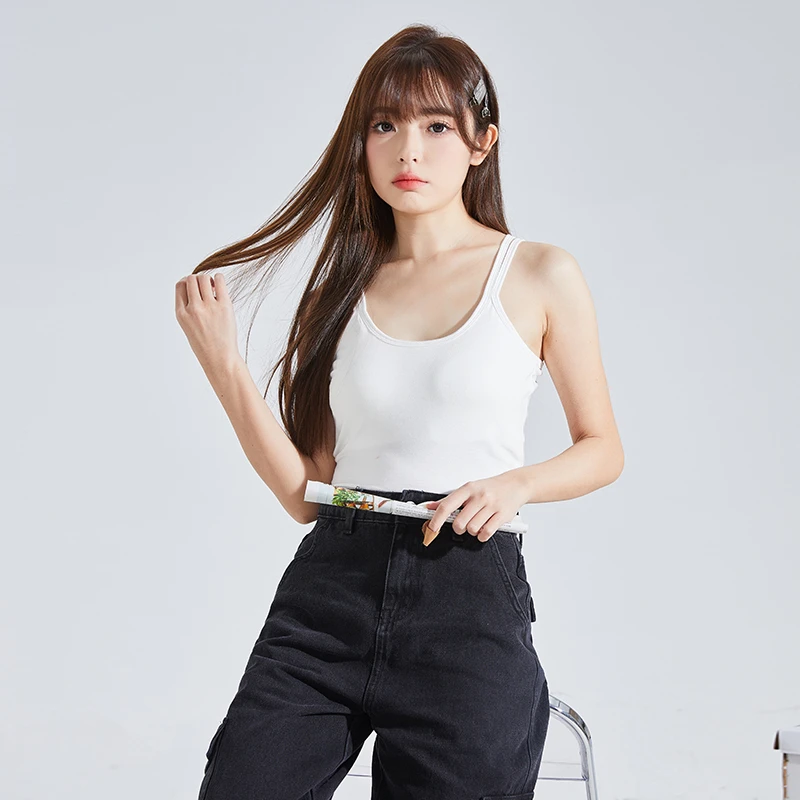 2V38   唐狮女白色吊带背心紧身内搭带胸垫双肩带打底贴身潮