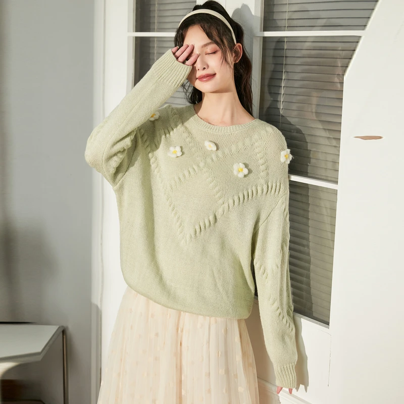 DB855  唐狮春季新款女毛衣圆领小花慵懒宽松针织衫设计感甜美