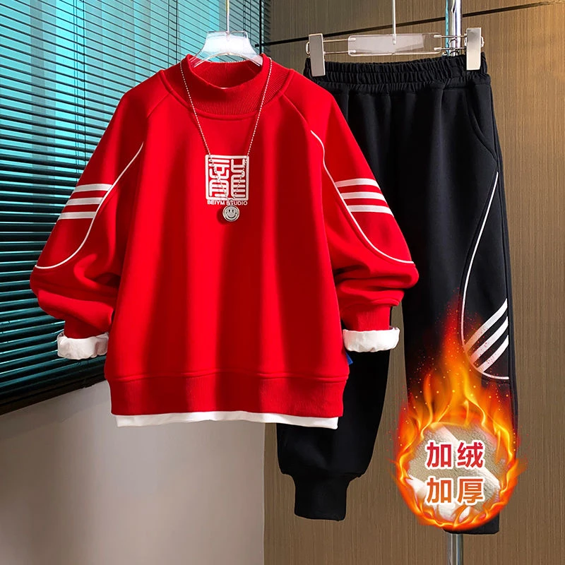 童森童马男童冬季新款中大童冬款奥利绒套装红色龙年拜年服两件套