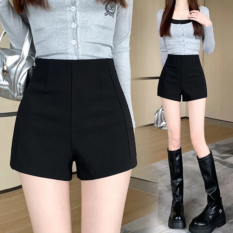 短裤女生秋冬外穿高腰显瘦弹力时尚休闲大码遮肉黑色a字靴热裤