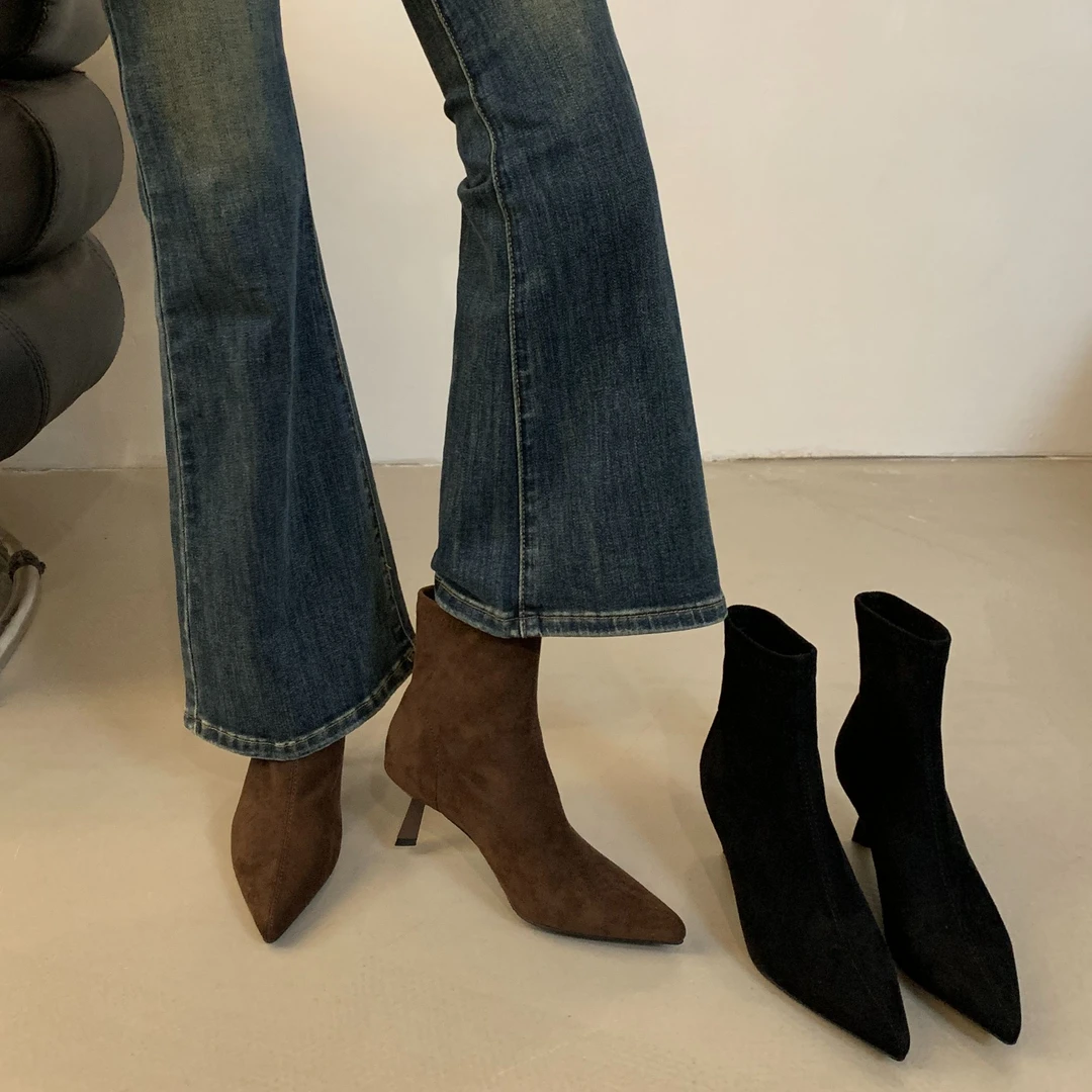 2024秋冬新款气质高跟加绒裸靴套筒瘦瘦靴小猫跟尖头绒面细跟短靴