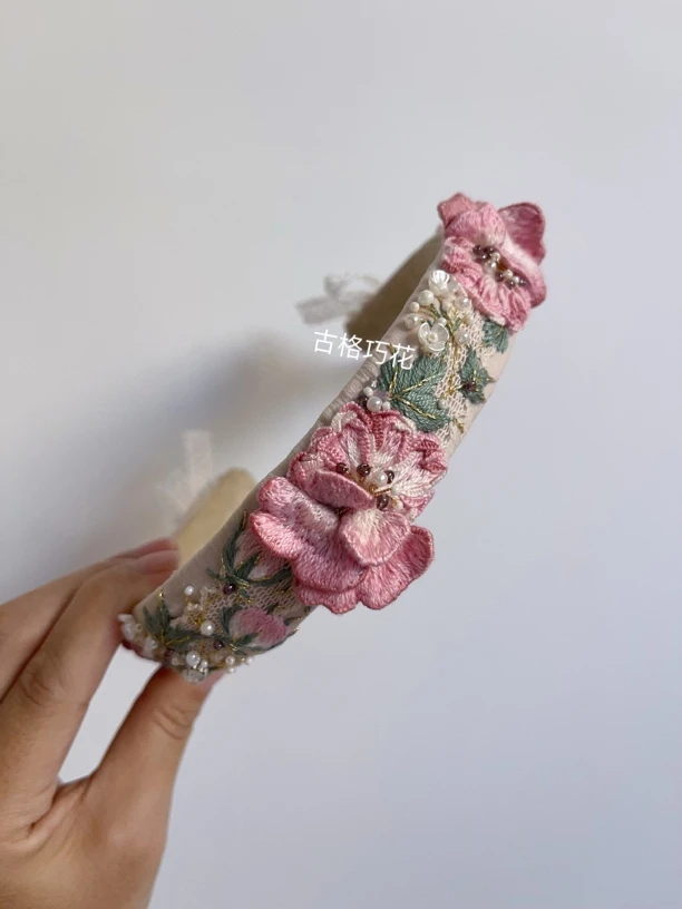 细版纯手工刺绣立体牡丹花发箍头箍高端定制发饰发夹轻奢饰品
